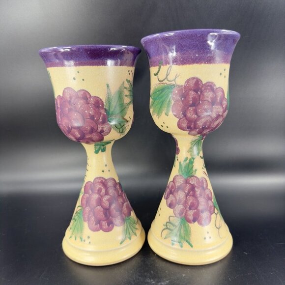 Studio Art Pottery Hand Made Goblets Drinking Wine Glasses Signed Purple Grapes - Picture 14 of 16